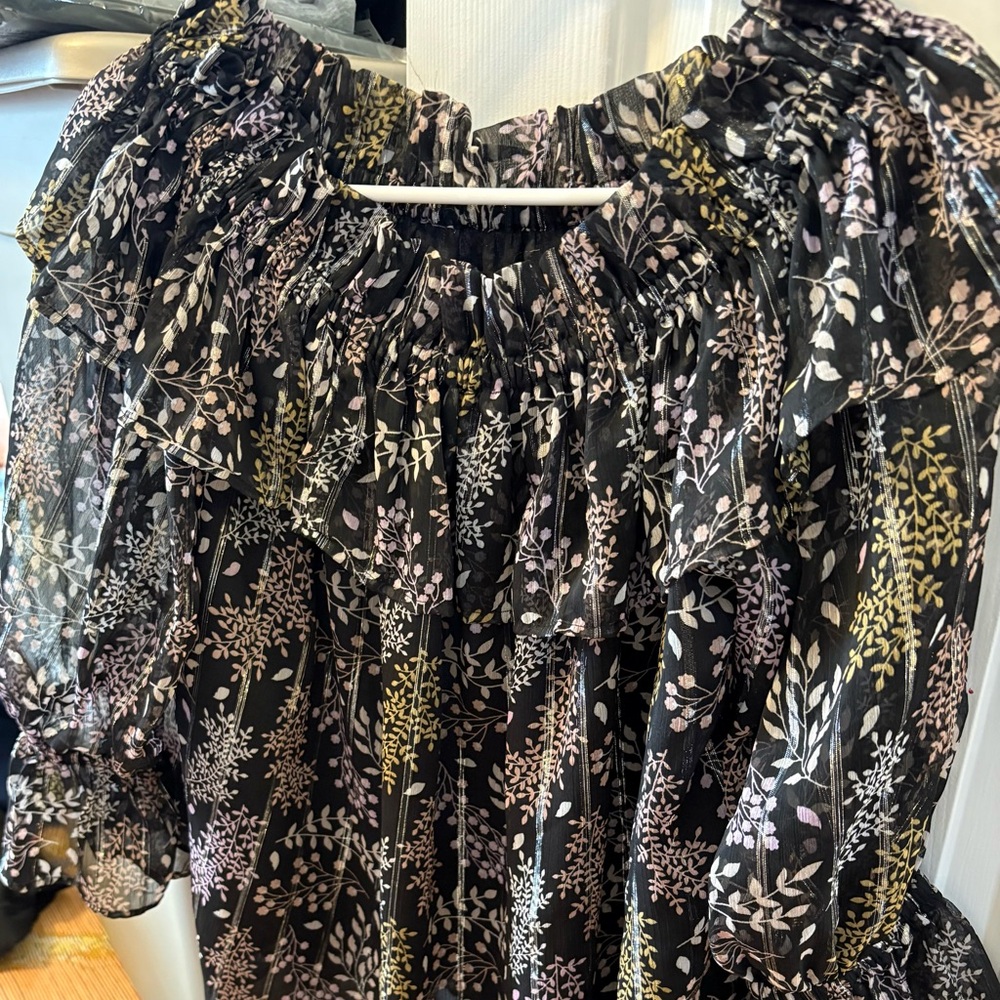 Black Floral Ruffle Neck Blouse with Pastel Sprig Print